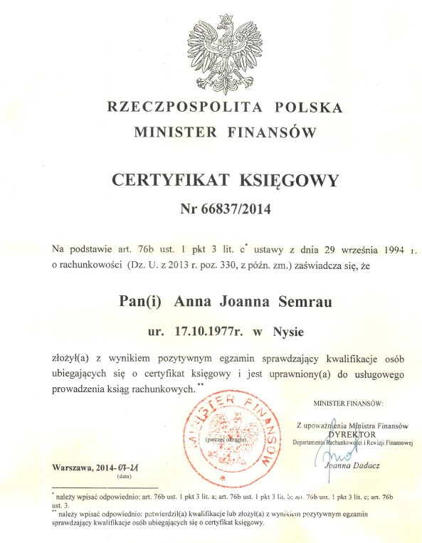 Certyfikat Księgowy Nr 66837/2014